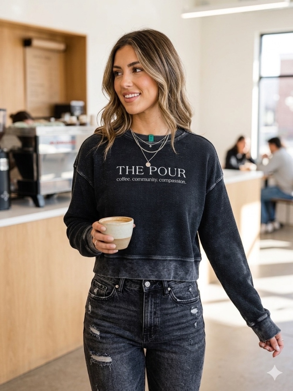 The Pour Graphic Cotton Natural Fibers Ribbed Cropped Crewneck Sweatshirt Medium